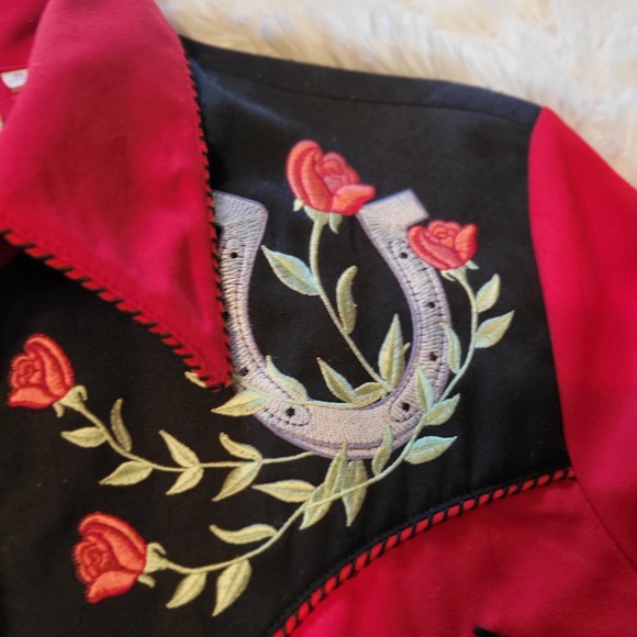 Scully Shirt Red Western Snap on Smile Pockets Pearl Snap Rose Floral-M - Picture 11 of 12